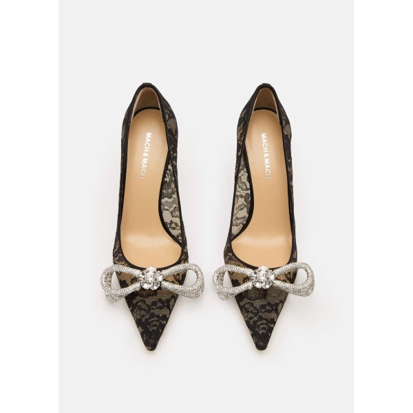 Black Mach & Mach Double Bow Lace Pumps 95mm in Black, view 3 | Heels