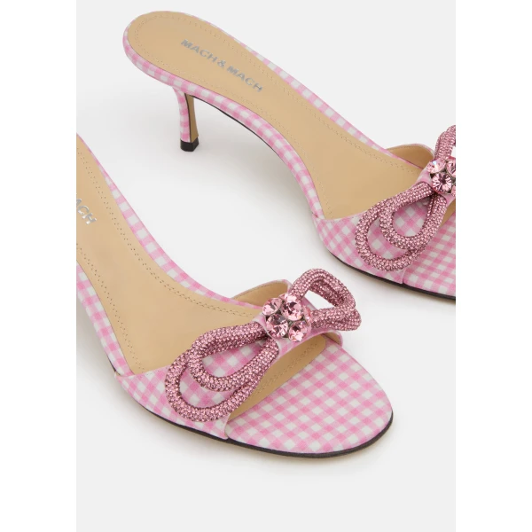 Pink Mach & Mach Double Bow Pink Gingham Kitten Heel Mules, view 3 | Mules