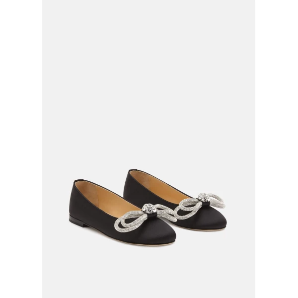Black Mach & Mach Double Bow Satin Flats in Black, view 2 | Flats