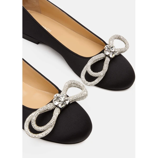 Black Mach & Mach Double Bow Satin Flats in Black, view 5 | Flats