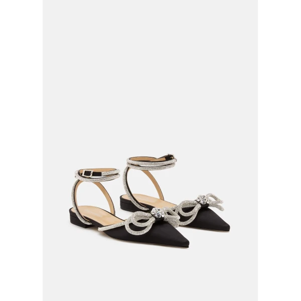 Black Mach & Mach Double Bow Satin Flats with Ankle Strap in Black, view 2 | Flats
