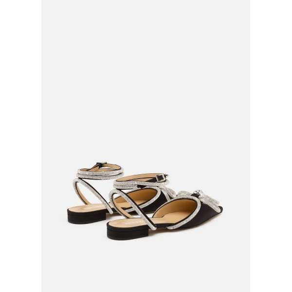 Black Mach & Mach Double Bow Satin Flats with Ankle Strap in Black, view 4 | Flats