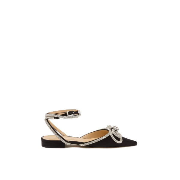 Black Mach & Mach Double Bow Satin Flats with Ankle Strap in Black | Shoes