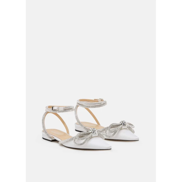 White Mach & Mach Double Bow Satin Flats with Ankle Strap in White, view 2 | Flats