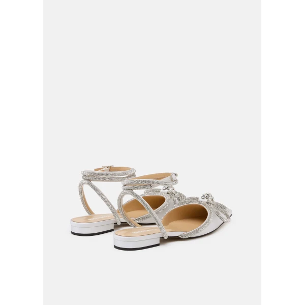 White Mach & Mach Double Bow Satin Flats with Ankle Strap in White, view 4 | Flats