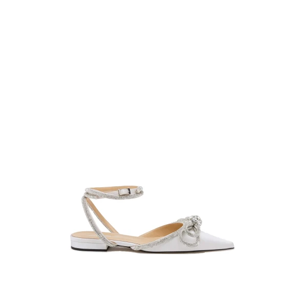 White Mach & Mach Double Bow Satin Flats with Ankle Strap in White | Shoes