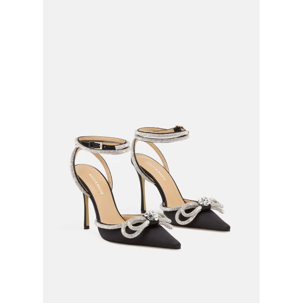 Black Mach & Mach Double Bow Satin Pumps 110mm in Black, view 2 | Heels
