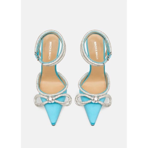 Blue Mach & Mach Double Bow Satin Pumps in Ocean Blue, view 3 | Heels