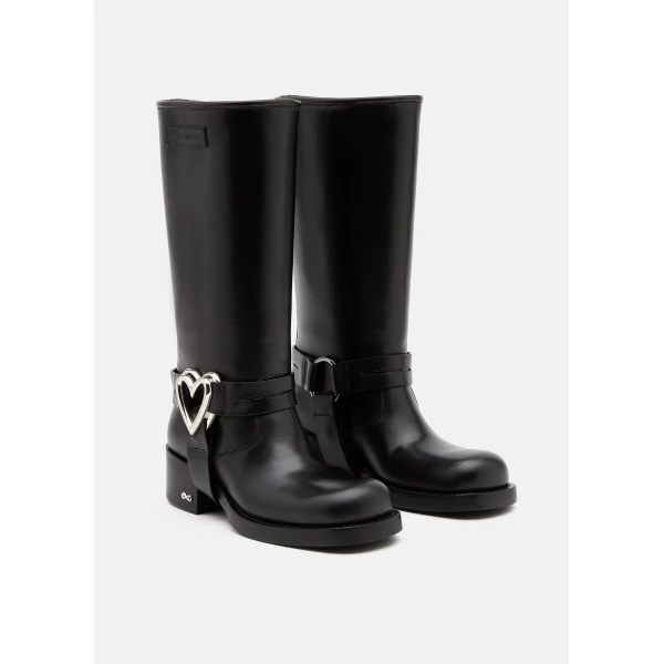Black Mach & Mach Double Heart Vintage Leather Combat Boots in Black, view 2 | Boots