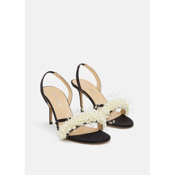 Black Mach & Mach Floating Pearl Satin Sandals Black and White, view 2 | Sandals