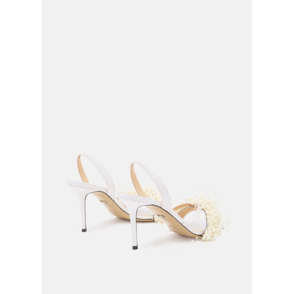 White Mach & Mach Floating Pearl White Satin Sandals, view 4 | Sandals