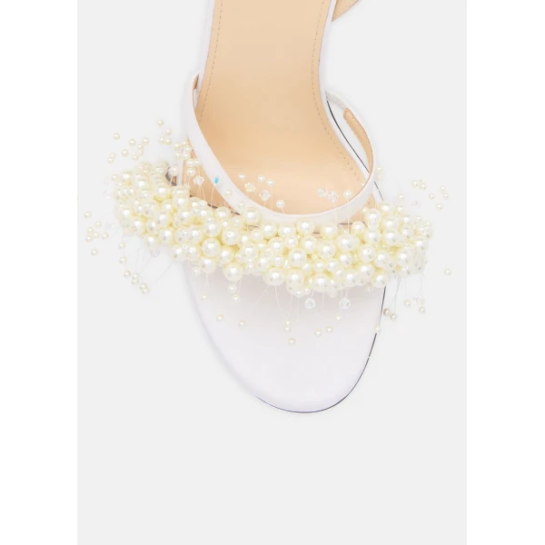 White Mach & Mach Floating Pearl White Satin Sandals, view 5 | Sandals