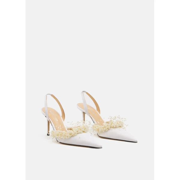 White Mach & Mach Floating Pearl White Satin Slingback, view 2 | Heels
