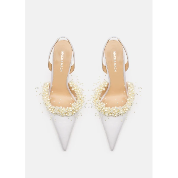 White Mach & Mach Floating Pearl White Satin Slingback, view 3 | Heels