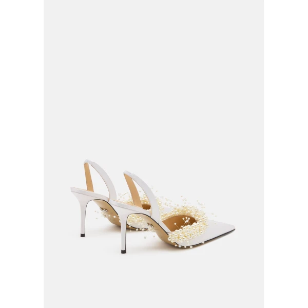 White Mach & Mach Floating Pearl White Satin Slingback, view 4 | Heels