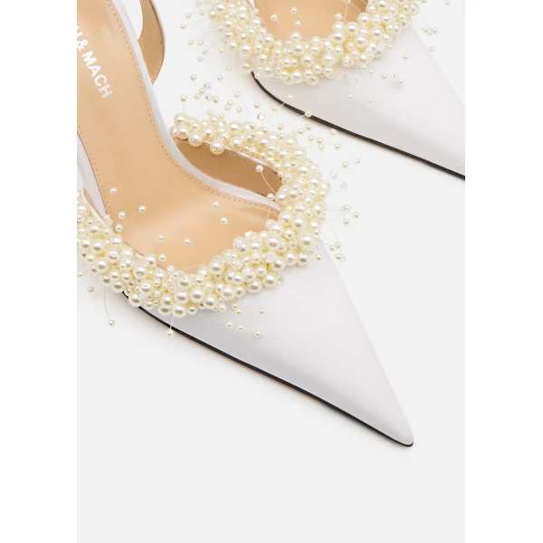 White Mach & Mach Floating Pearl White Satin Slingback, view 5 | Heels