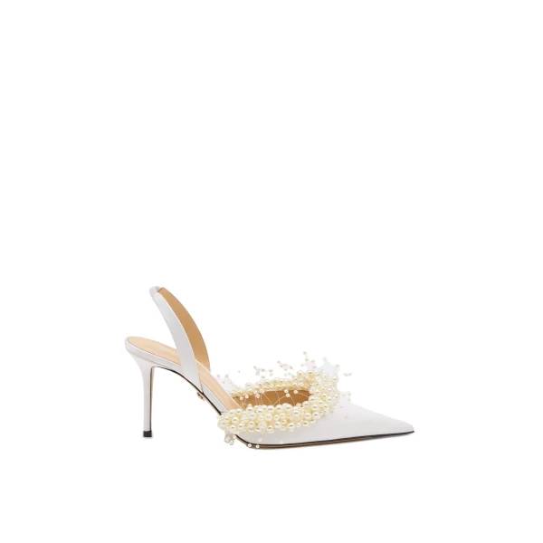 White Mach & Mach Floating Pearl White Satin Slingback | Shoes
