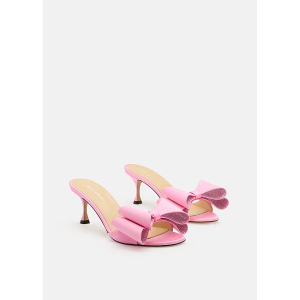 Pink Mach & Mach Le Cadeau Satin Kitten Heel Mules in Pink, view 3 | Mules