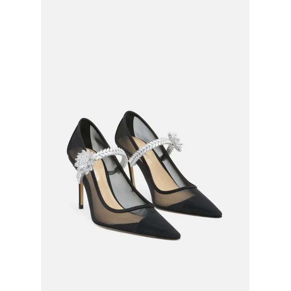 Black Mach & Mach Lotus Flower Jewelled Black Mesh Pumps, view 2 | Heels