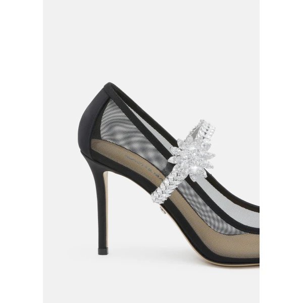 Black Mach & Mach Lotus Flower Jewelled Black Mesh Pumps, view 5 | Heels
