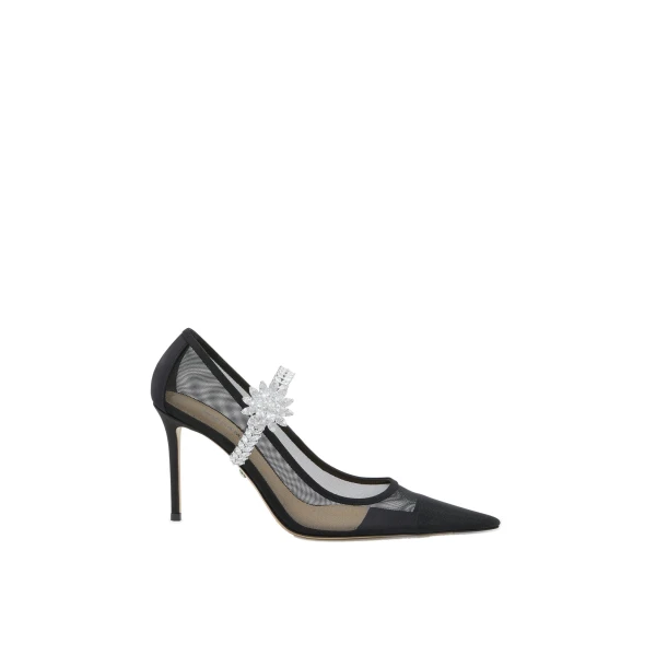Lotus Flower Jewelled Black Mesh Pumps