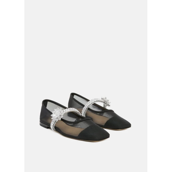Black Mach & Mach Lotus Flower Jewelled Mesh Ballerinas in Black, view 2 | Flats
