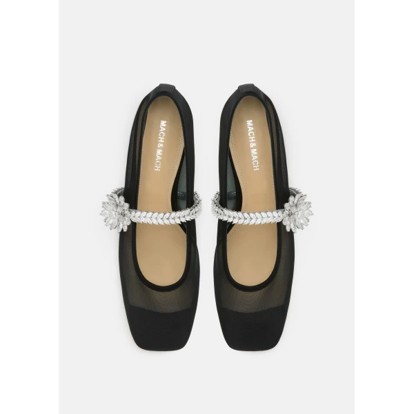 Black Mach & Mach Lotus Flower Jewelled Mesh Ballerinas in Black, view 3 | Flats