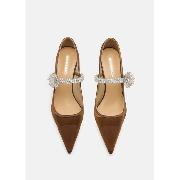 Beige Mach & Mach Lotus Flower Mesh Pumps in Brown, view 3 | Heels