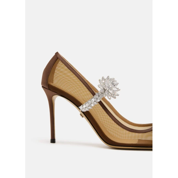 Beige Mach & Mach Lotus Flower Mesh Pumps in Brown, view 5 | Heels