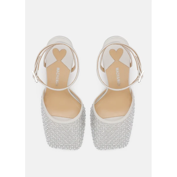 White Mach & Mach Puffy Heart Ring Square Toe High Heels in White, view 3 | Heels