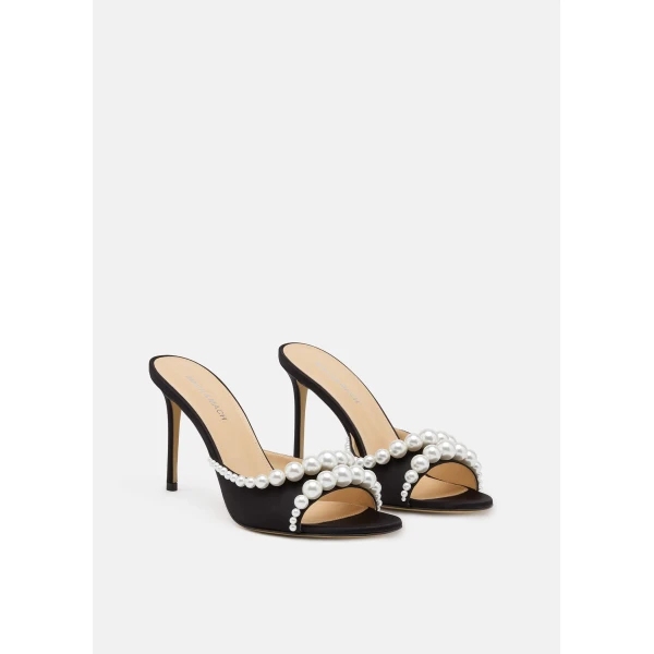 Black Mach & Mach Sirene Satin Mules in Black, view 2 | Mules