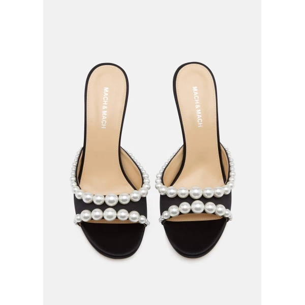 Black Mach & Mach Sirene Satin Mules in Black, view 3 | Mules