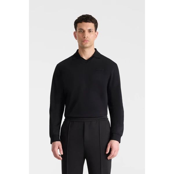 Mackage Alfonzo Organic Cotton Jersey Long Sleeve Polo Shirt in Black