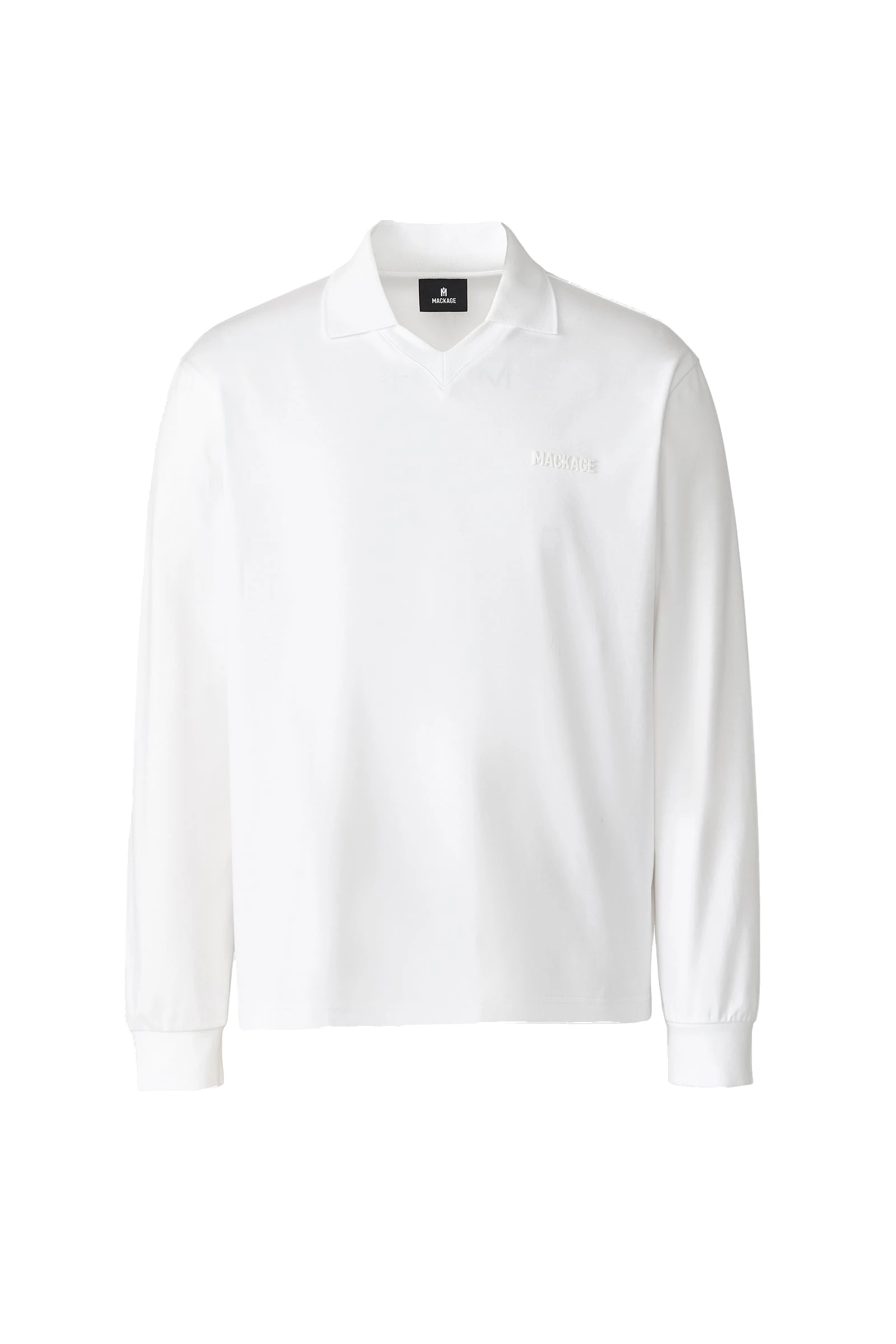 Mackage Alfonzo Organic Cotton Jersey Long Sleeve Polo Shirt in White Mackage Alfonzo Organic Cotton Jersey Long Sleeve Polo Shirt in White