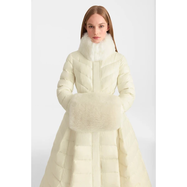 Mackage Beverly Medium Down Coat in Cream, view 3 | Coats | Coveti