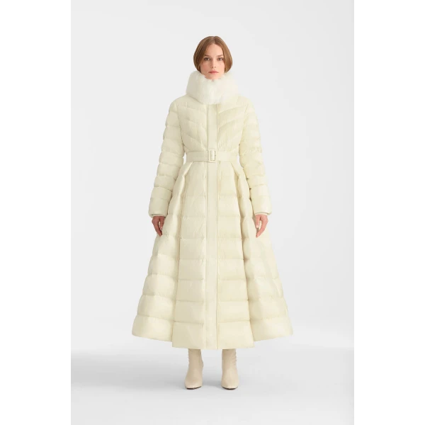 Mackage Beverly Medium Down Coat in Cream, view 4 | Coats | Coveti