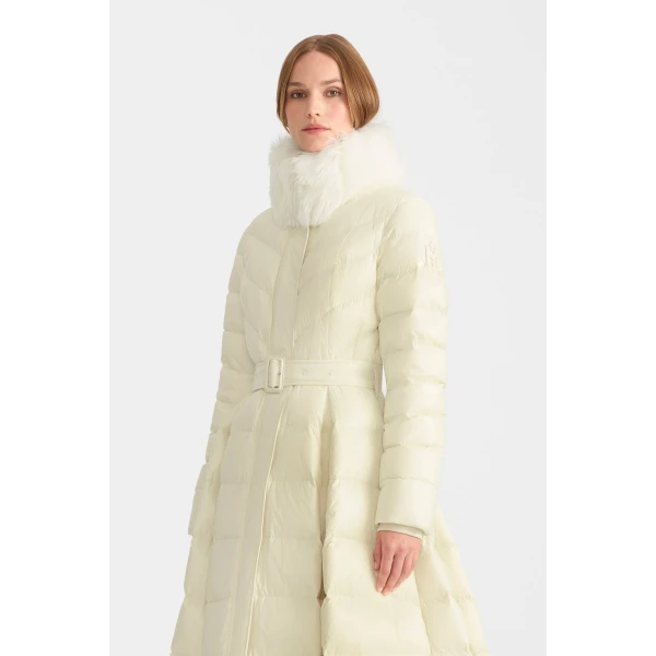 Mackage Beverly Medium Down Coat in Cream, view 5 | Coats | Coveti