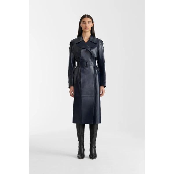 Mackage Carmela Leather Trench in Marine Blue