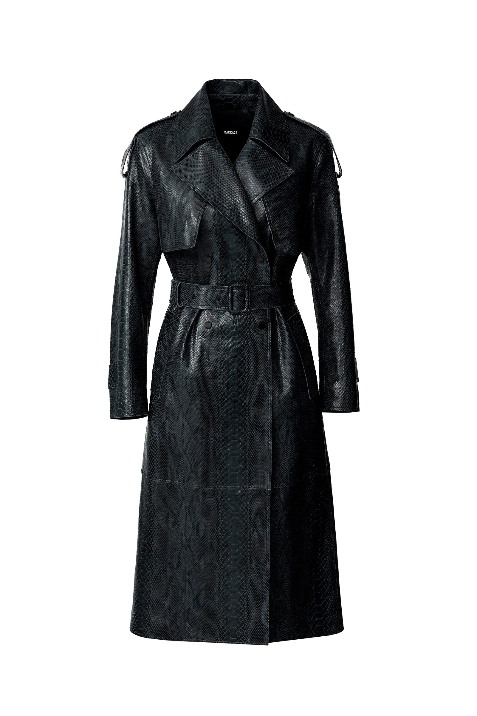Mackage Carmela-SNK Snake Pattern Leather Trench in Black mackage carmela-snk snake pattern leather trench
