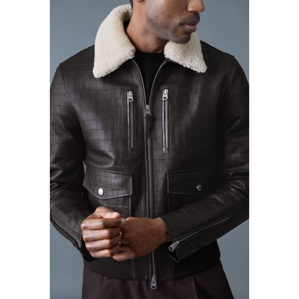 Mackage Chance-NV Croc-Embossed Leather Jacket in Coffee