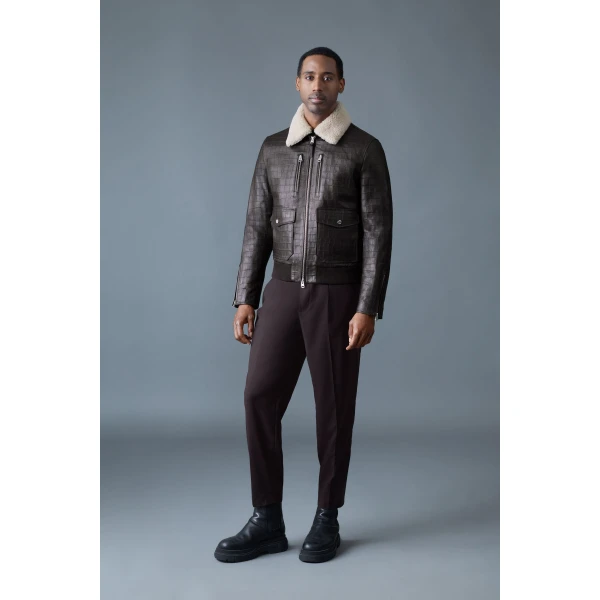 Mackage Chance-NV Croc-Embossed Leather Jacket in Coffee