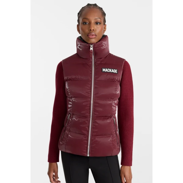 Mackage Chaya-GLO High-Gloss Shell Down Vest in Garnet
