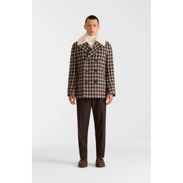 Mackage Cole-BHT Houndstooth Patterned Wool Peacoat in Coffee