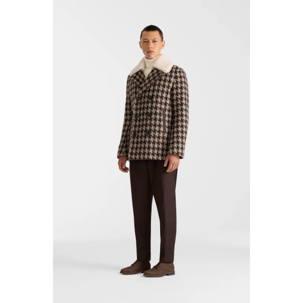 Mackage Cole-BHT Houndstooth Patterned Wool Peacoat in Coffee