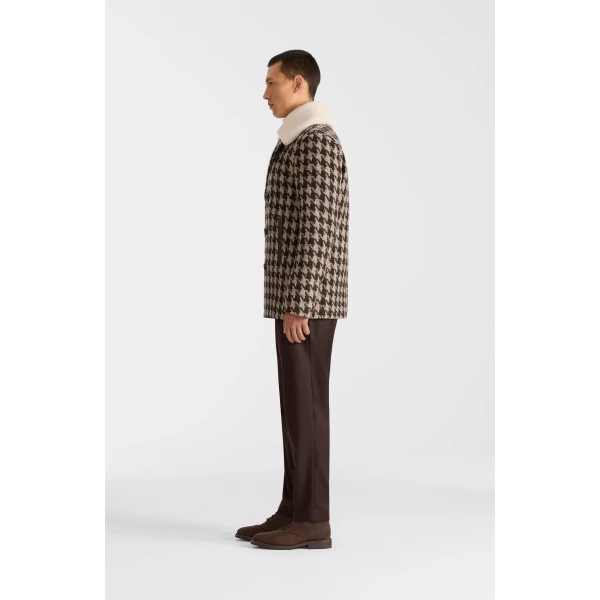 Mackage Cole-BHT Houndstooth Patterned Wool Peacoat in Coffee