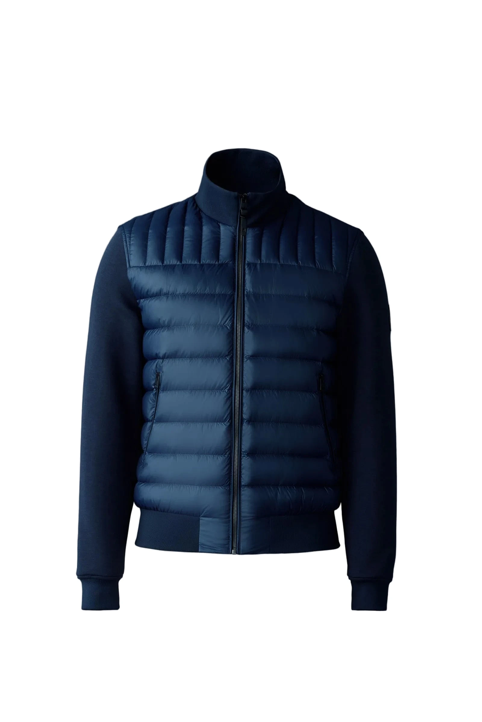 Mackage Collin-R Down Mixed Media Bomber Jacket in Navy Mackage Collin-R Down Mixed Media Bomber Jacket in Navy