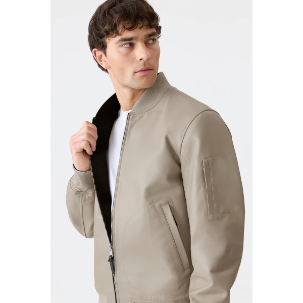 Mackage Easton-SA 2-In-1 Reversible Leather Bomber Jacket in Taupe-Black