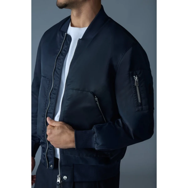 Mackage Emilio Satin Bomber Jacket in Navy