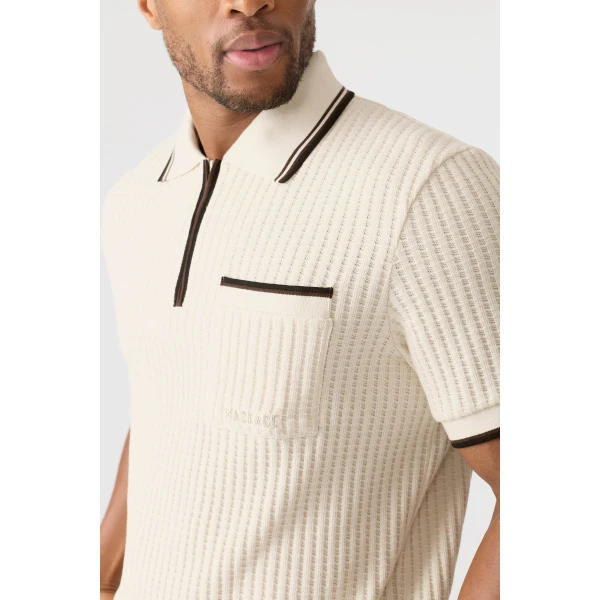 Mackage Estaban Crochet Knit Quarter-Zip Polo Shirt in Cream
