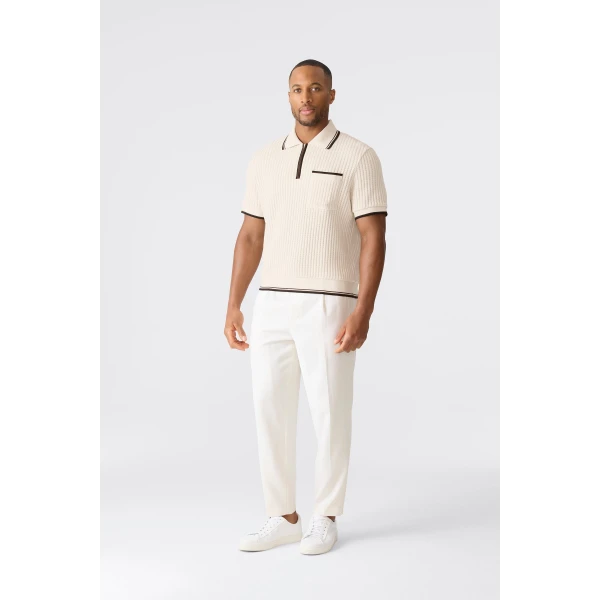 Mackage Estaban Crochet Knit Quarter-Zip Polo Shirt in Cream